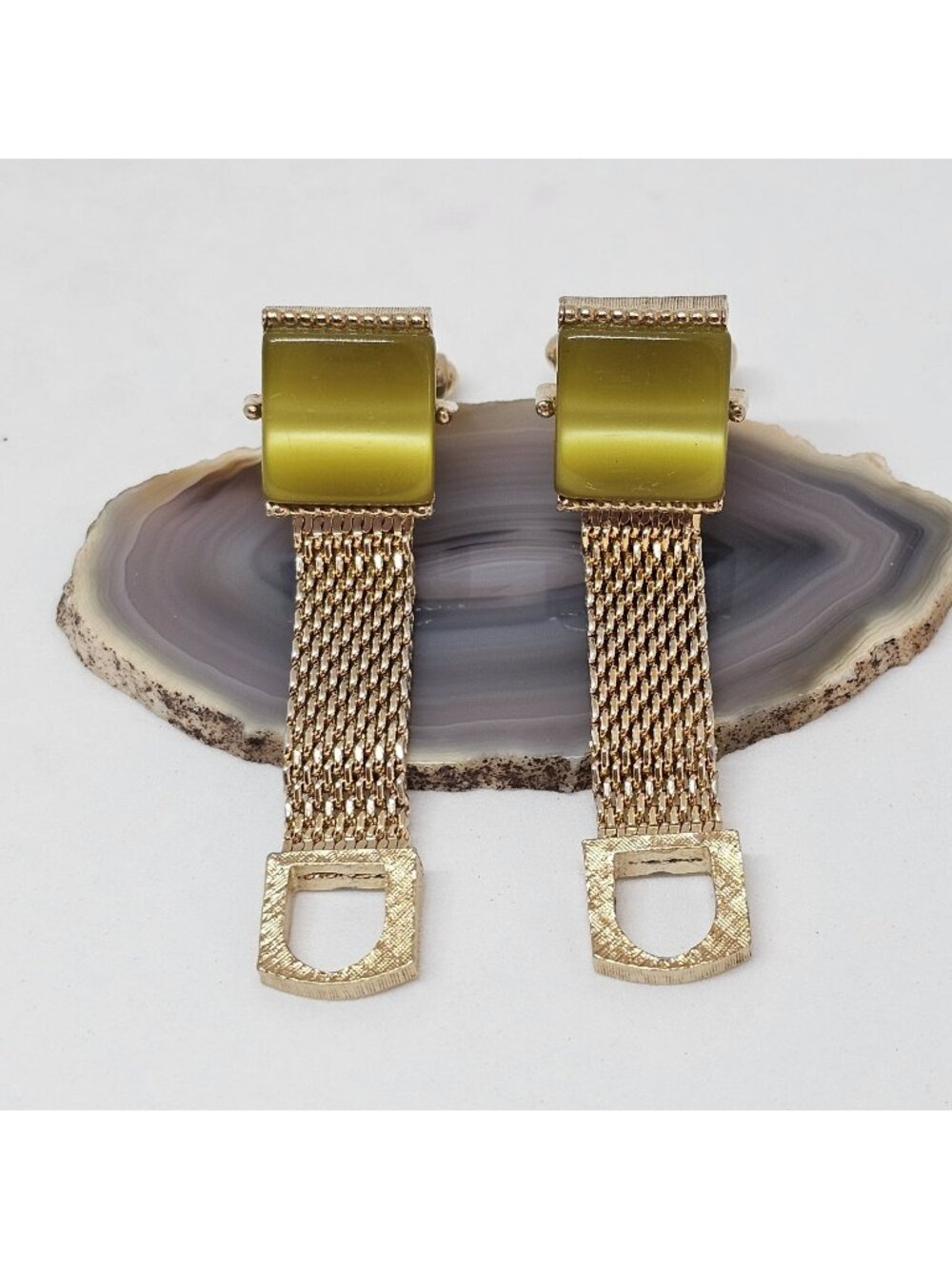 Swank Gold Tone Mesh Wrap Bullet Back Cufflinks Vintage Green Thermoset Plastic